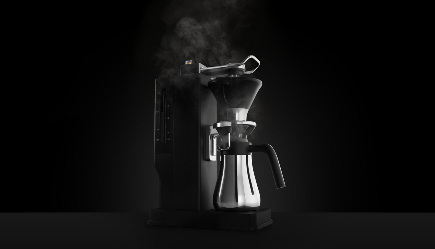 Steam rising from the open pour-over brewing mechanism